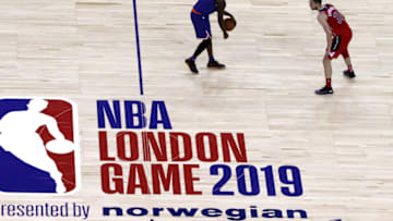 New York Knicks' Emmanuel Mudiay (left) and Washington Wizards' Tomas Satoransky battle for the ball during the NBA London Game 2019 at the O2 Arena, London. (Photo by Simon Cooper/PA Images via Getty Images)