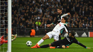LONDON, ENGLAND - NOVEMBER 01: Dele Alli of Tottenham Hotspur scores his side's first goal during the UEFA Champions League group H match between Tottenham Hotspur and Real Madrid at Wembley Stadium on November 1, 2017 in London, United Kingdom. (Photo by Mike Hewitt/Getty Images)