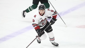 LONDON, ON - FEBRUARY 13: Nick Suzuki #9 of the Guelph Storm skates with the puck in the second period during OHL game action against the London Knights at Budweiser Gardens on February 13, 2019 in London, Canada. (Photo by Tom Szczerbowski/Getty Images)