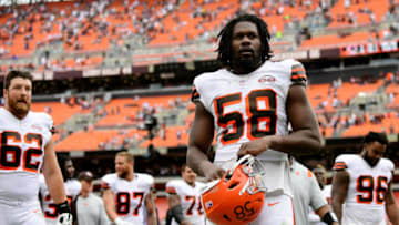 CLEVELAND, OHIO - SEPTEMBER 26: Malik McDowell #58 of the Cleveland Browns walks off the field after a game between the Cleveland Browns and Chicago Bears at FirstEnergy Stadium on September 26, 2021 in Cleveland, Ohio. (Photo by Emilee Chinn/Getty Images)