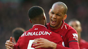 LIVERPOOL, ENGLAND - FEBRUARY 09: Georginio Wijnaldum of Liverpool celebrates after scoring his team's second goal with teammate Fabinho during the Premier League match between Liverpool FC and AFC Bournemouth at Anfield on February 9, 2019 in Liverpool, United Kingdom. (Photo by Alex Livesey/Getty Images)