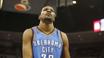 Feb 9, 2015; Denver, CO, USA; Oklahoma City Thunder forward Kevin Durant (35) during the second half against the Denver Nuggets at Pepsi Center. The Thunder won 124-114. Mandatory Credit: Chris Humphreys-USA TODAY Sports