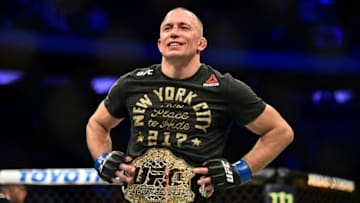 NEW YORK, NY - NOVEMBER 04: Georges St-Pierre of Canada celebrates after defeating Michael Bisping of England in their UFC middleweight championship bout during the UFC 217 event inside Madison Square Garden on November 4, 2017 in New York City. (Photo by Jeff Bottari/Zuffa LLC/Zuffa LLC via Getty Images)