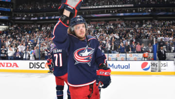 COLUMBUS, OH - MAY 6: Artemi Panarin #9 of the Columbus Blue Jackets waves to the fans following Game Six of the Eastern Conference Second Round during the 2019 NHL Stanley Cup Playoffs on May 6, 2019 at Nationwide Arena in Columbus, Ohio. (Photo by Jamie Sabau/NHLI via Getty Images)