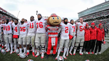 Nov 19, 2016; East Lansing, MI, USA; Ohio State Buckeyes celebrate a win over the Michigan State Spartans after a game at Spartan Stadium. Mandatory Credit: Mike Carter-USA TODAY Sports