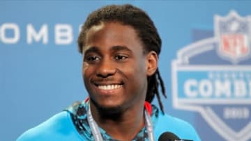 Feb 23, 2013; Indianapolis, IN, USA; Michigan Wolverines wide receiver Denard Robinson speaks at a press conference during the 2013 NFL Combine at Lucas Oil Stadium. Credit: Pat Lovell-USA TODAY Sports