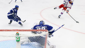 TAMPA, FLORIDA - JUNE 05: Barclay Goodrow #21 of the New York Rangers takes the shot against Andrei Vasilevskiy #88 of the Tampa Bay Lightning in Game Three of the Eastern Conference Final of the 2022 Stanley Cup Playoffs at Amalie Arena on June 05, 2022 in Tampa, Florida. (Photo by Bruce Bennett/Getty Images)