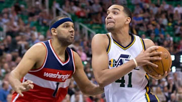 Mar 11, 2016; Salt Lake City, UT, USA; Utah Jazz forward Trey Lyles (41) drives to the basket against Washington Wizards forward Jared Dudley (1) during the second half at Vivint Smart Home Arena. The Jazz won 114-93. Mandatory Credit: Russ Isabella-USA TODAY Sports