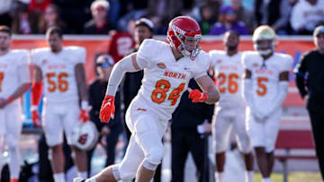 MOBILE, AL - JANUARY 25: Tight End Adam Trautman #84 from Dayton of the North Team during the 2020 Resse's Senior Bowl at Ladd-Peebles Stadium on January 25, 2020 in Mobile, Alabama. The North Team defeated the South Team 34 to 17. (Photo by Don Juan Moore/Getty Images)