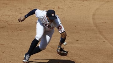 Apr 23, 2016; Houston, TX, USA; Houston Astros shortstop Carlos Correa (1) drops a grounder for an error against the Boston Red Sox in the third inning at Minute Maid Park. Mandatory Credit: Thomas B. Shea-USA TODAY Sports