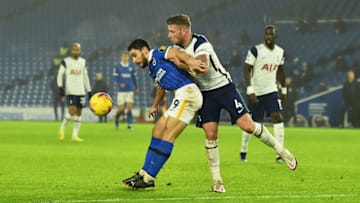 BRIGHTON, ENGLAND - JANUARY 31: Neal Maupay of Brighton & Hove Albion is challenged by Toby Alderweireld of Tottenham Hotspur during the Premier League match between Brighton & Hove Albion and Tottenham Hotspur at American Express Community Stadium on January 31, 2021 in Brighton, England. (Photo by Glyn Kirk - Pool/Getty Images)