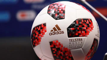 SOCHI, RUSSIA - JUNE 29, 2018: The Telstar Mechta, the official match ball for the khockout stages of the 2018 FIFA World Cup, during a press conference by the Portuguese men's national football team ahead of the 2018 FIFA World Cup Round of 16 match against Uruguay, at Fisht Stadium. Sergei Fadeichev/TASS (Photo by Sergei FadeichevTASS via Getty Images)