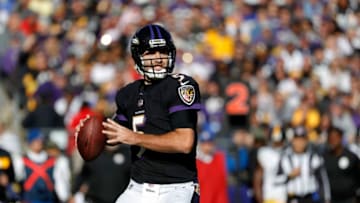 BALTIMORE, MD - NOVEMBER 04: Quarterback Joe Flacco #5 of the Baltimore Ravens looks to throw the ball in the second quarter against the Pittsburgh Steelers at M&T Bank Stadium on November 4, 2018 in Baltimore, Maryland. (Photo by Scott Taetsch/Getty Images)