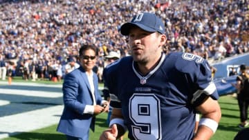 Aug 13, 2016; Los Angeles, CA, USA;Dallas Cowboys quarterback Tony Romo (9) runs onto the field prior to the game against the Los Angeles Rams at Los Angeles Memorial Coliseum. Mandatory Credit: Kelvin Kuo-USA TODAY Sports