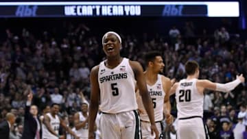 ROSEMONT, IL - FEBRUARY 17: Cassius Winston #5 of the Michigan State Spartans reacts after making a three-point basket against the Northwestern Wildcats during the second half on February 17, 2018 at Allstate Arena in Rosemont, Illinois. Michigan State defeated Northwestern 65-60. (Photo by David Banks/Getty Images)