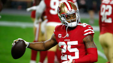 GLENDALE, ARIZONA - DECEMBER 07: Cornerback Richard Sherman #25 of the San Francisco 49ers warms up prior to facing the Buffalo Bills at State Farm Stadium on December 07, 2020 in Glendale, Arizona. (Photo by Ralph Freso/Getty Images)