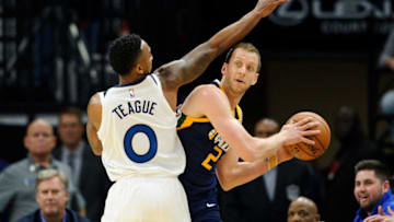 MINNEAPOLIS, MN - OCTOBER 20: Jeff Teague #0 of the Minnesota Timberwolves defends against Joe Ingles #2 of the Utah Jazz during the game on October 20, 2017 at the Target Center in Minneapolis, Minnesota. The Timberwolves defeated the Jazz 100-97. NOTE TO USER: User expressly acknowledges and agrees that, by downloading and or using this Photograph, user is consenting to the terms and conditions of the Getty Images License Agreement. (Photo by Hannah Foslien/Getty Images)