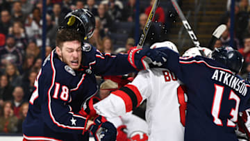 COLUMBUS, OH - FEBRUARY 10: Pierre-Luc Dubois #18 of the Columbus Blue Jackets shoves Will Butcher #8 of the New Jersey Devils following a whistle during the first period of a game on February 10, 2018 at Nationwide Arena in Columbus, Ohio. (Photo by Jamie Sabau/NHLI via Getty Images)