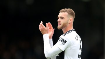 LONDON, ENGLAND - APRIL 27: Calum Chambers of Fulham acknowledges the fans after the Premier League match between Fulham FC and Cardiff City at Craven Cottage on April 27, 2019 in London, United Kingdom. (Photo by Catherine Ivill/Getty Images)