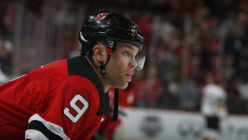 NEWARK, NJ - MARCH 4: Taylor Hall #9 of the New Jersey Devils warms up prior to taking on the Vegas Golden Knights at the Prudential Center on March 4, 2018 in Newark, New Jersey. (Photo by Adam Hunger/Getty Images)