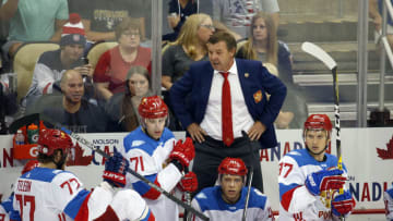 PITTSBURGH, PA - SEPTEMBER 14: Oleg Znarok of Team Russia coaches against the Team Canada at Consol Energy Center on September 14, 2016 in Pittsburgh, Pennsylvania. (Photo by Justin K. Aller/World Cup of Hockey via Getty Images)