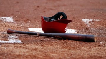 Mar 19, 2015; Tampa, FL, USA; Philadelphia Phillies hat and bat lays at home plate against the New York Yankees at George M. Steinbrenner Field. Mandatory Credit: Kim Klement-USA TODAY Sports