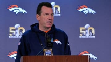 Feb 3, 2016; Santa Clara, CA, USA; Denver Broncos head coach Gary Kubiak addresses the media at press conference prior to Super Bowl 50 at Santa Clara Marriott. Mandatory Credit: Kirby Lee-USA TODAY Sports