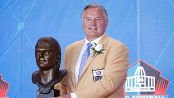 CANTON, OH - AUGUST 05: Morten Andersen poses with his bust during the Pro Football Hall of Fame Enshrinement Ceremony at Tom Benson Hall of Fame Stadium on August 5, 2017 in Canton, Ohio. (Photo by Joe Robbins/Getty Images)
