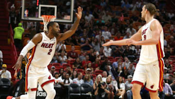 Miami Heat's Wayne Ellington (2) slaps five with Kelly Olynyk (9) after an Ellington three-pointer as they play the Atlanta Hawks at the AmericanAirline Arena Monday, Oct. 23, 2017 in Miami. The Heat won, 104-93. (Charles Trainor Jr./Miami Herald/TNS via Getty Images)