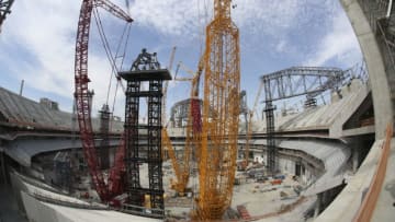 ATLANTA, UNITED STATES - APRIL 19: General view inside Mercedes Benz Stadium on April 19, 2016 in Atlanta, United States. Mercedes Benz Stadium is an under-construction retractable-roof, multi-purpose stadium in Atlanta, Georgia, that will serve as the home of the Atlanta Falcons of the National Football League (NFL) and Atlanta United FC of Major League Soccer (MLS). It is intended to replace the Georgia Dome, which has been the Falcons home stadium since 1992. (Photo by Omar Vega/LatinContent/Getty Images)