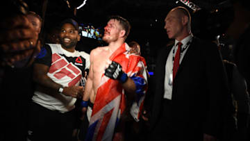 LONDON, ENGLAND - FEBRUARY 27: Michael Bisping celebrates his victory over Anderson Silva after their middleweight bout during the UFC Fight Night held at at Indigo at The O2 Arena on February 27, 2016 in London, England. (Photo by Mike Roach/Zuffa LLC/Zuffa LLC via Getty Images)