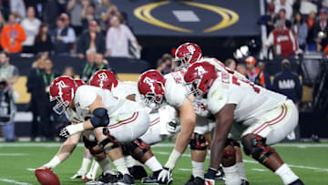 Jan 11, 2016; Glendale, AZ, USA; Alabama Crimson Tide center Ryan Kelly (70) prepares to snap the ball against the Clemson Tigers in the 2016 CFP National Championship at University of Phoenix Stadium. Mandatory Credit: Mark J. Rebilas-USA TODAY Sports