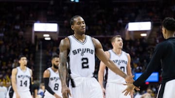 CLEVELAND, OH - JANUARY 21: Kawhi Leonard #2 of the San Antonio Spurs pauses during overtime against the Cleveland Cavaliers at Quicken Loans Arena on January 21, 2017 in Cleveland, Ohio. The Spurs defeated the Cavaliers 118-115. NOTE TO USER: User expressly acknowledges and agrees that, by downloading and/or using this photograph, user is consenting to the terms and conditions of the Getty Images License Agreement. Mandatory copyright notice. (Photo by Jason Miller/Getty Images)