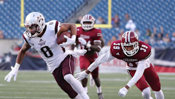 FOXBOROUGH, MA - SEPTEMBER 24: UMass Amherst player Isiah Rodgers is beat by Mississippi State University player Jamoral Graham enroute to a touchdown reception during the second half at Gillette Stadium in Foxborough, Mass., on Sept. 24, 2016. (Photo by Matthew J. Lee/The Boston Globe via Getty Images)