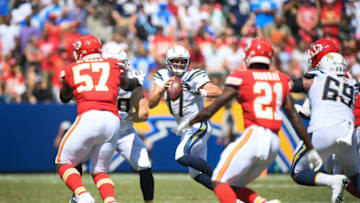 CARSON, CA - SEPTEMBER 09: Quarterback Philip Rivers #17 of the Los Angeles Chargers handles the ball against the Kansas City Chiefs at StubHub Center on September 9, 2018 in Carson, California. (Photo by Harry How/Getty Images)