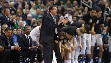 PITTSBURGH, PA - MARCH 17: Head coach Mike Krzyzewski of the Duke Blue Devils reacts against the Rhode Island Rams during the first half in the second round of the 2018 NCAA Men's Basketball Tournament at PPG PAINTS Arena on March 17, 2018 in Pittsburgh, Pennsylvania. (Photo by Rob Carr/Getty Images)