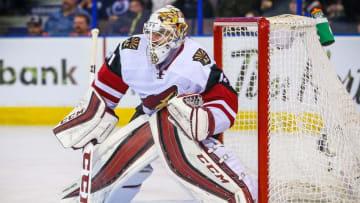 Mar 12, 2016; Edmonton, Alberta, CAN; Arizona Coyotes goalie Mike Smith (41) guards his net against the Edmonton Oilers during the second period at Rexall Place. Mandatory Credit: Sergei Belski-USA TODAY Sports