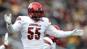 Nov 5, 2016; Boston, MA, USA; Louisville Cardinals line backer Keith Kelsey (55) reacts after a play during the second quarter against the Boston College Eagles at Boston College at Alumni Stadium. Mandatory Credit: Greg M. Cooper-USA TODAY Sports