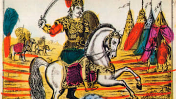 Alexander the Great, Lubok print, 1869. Lubok (plural Lubki) prints were Russian popular prints with simple graphics portraying stories derived from literature, religion and popular tales. Found in the collection of the State Russian Museum, St Petersburg (Photo by Fine Art Images/Heritage Images/Getty Images)