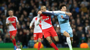 Monaco's Henrique Fabinho and Manchester City's Leroy Sane battle for the ball during the UEFA Champions League match at the Etihad Stadium, Manchester. (Photo by Martin Rickett/PA Images via Getty Images)