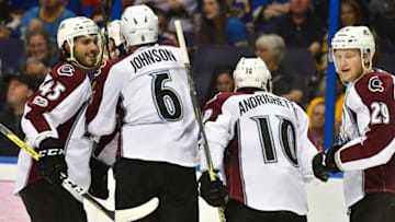 ST. LOUIS, MO. - APRIL 09: Colorado players celebrate a second goal in the second period during an NHL game between the Colorado Avalanche and the St. Louis Blues on April 09, 2017, at the Scottrade Center in St. Louis, MO. The Blues won, 3-2. (Photo by Keith Gillett/Icon Sportswire via Getty Images)