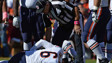 LANDOVER, MD - OCTOBER 20: Quarterback Jay Cutler #6 of the Chicago Bears is injured on a play against the Washington Redskins in the second quarter at FedExField on October 20, 2013 in Landover, Maryland. (Photo by Patrick Smith/Getty Images)