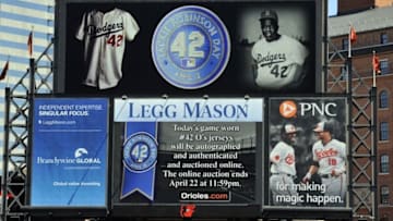 Apr 16, 2014; Baltimore, MD, USA; Jackie Robinson Day is celebrated during a game between the Tampa Bay Rays and the Baltimore Orioles at Oriole Park at Camden Yards. Mandatory Credit: Joy R. Absalon-USA TODAY Sports
