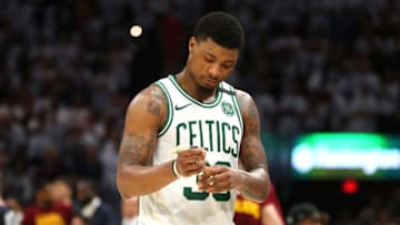 CLEVELAND, OH - MAY 25: Marcus Smart #36 of the Boston Celtics looks on after being defeated by the Cleveland Cavaliers during Game Six of the 2018 NBA Eastern Conference Finals at Quicken Loans Arena on May 25, 2018 in Cleveland, Ohio. NOTE TO USER: User expressly acknowledges and agrees that, by downloading and or using this photograph, User is consenting to the terms and conditions of the Getty Images License Agreement. (Photo by Gregory Shamus/Getty Images)
