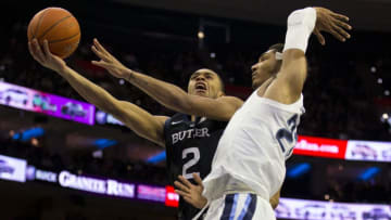 PHILADELPHIA, PA - MARCH 02: Aaron Thompson #2 of the Butler Bulldogs shoots the ball against Jermaine Samuels #23 of the Villanova Wildcats in the first half at the Wells Fargo Center on March 2, 2019 in Philadelphia, Pennsylvania. (Photo by Mitchell Leff/Getty Images)