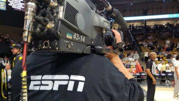 Feb 23, 2023; Boulder, Colorado, USA; General view of a ESPN baseline broadcast cameraman during the game between the USC Trojans against the Colorado Buffaloes at the CU Events Center. Mandatory Credit: Ron Chenoy-USA TODAY Sports