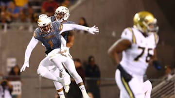 Oct 8, 2016; Tempe, AZ, USA; Arizona State Sun Devils defensive lineman JoJo Wicker (1) celebrates a fumble recovery with linebacker Marcus Ball (31) in the first quarter against the UCLA Bruins at Sun Devil Stadium. Mandatory Credit: Mark J. Rebilas-USA TODAY Sports