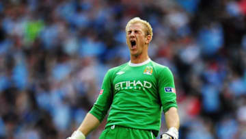 LONDON, ENGLAND - MAY 14: Joe Hart of Manchester City celebrates as his team score during the FA Cup sponsored by E.ON Final match between Manchester City and Stoke City at Wembley Stadium on May 14, 2011 in London, England. (Photo by Shaun Botterill/Getty Images)