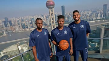 SHANGHAI, CHINA - OCTOBER 07: Andrew Wiggins #22, Jimmy Butler #23 and Karl-Anthony Towns #32 of the Minnesota Timberwolves pose for a photo during the team photo as part of 2017 NBA Global Games China on October 7, 2017 at the Ritz Carlton in Shanghai, China. NOTE TO USER: User expressly acknowledges and agrees that, by downloading and/or using this Photograph, user is consenting to the terms and conditions of the Getty Images License Agreement. Mandatory Copyright Notice: Copyright 2017 NBAE (Photo by David Dow/NBAE via Getty Images)