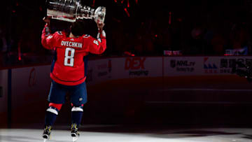 WASHINGTON, DC - OCTOBER 03: Alex Ovechkin #8 of the Washington Capitals skates with the Stanley Cup prior to watching the 2018 Stanley Cup Championship banner rise to the rafters before playing against the Boston Bruins at Capital One Arena on October 3, 2018 in Washington, DC. (Photo by Patrick McDermott/NHLI via Getty Images)